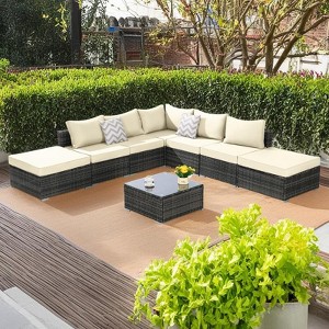 8-Pieces Outdoor Patio Sectional Sofa Set with Washable Cushions & Glass Coffee Table - 1 of 4
