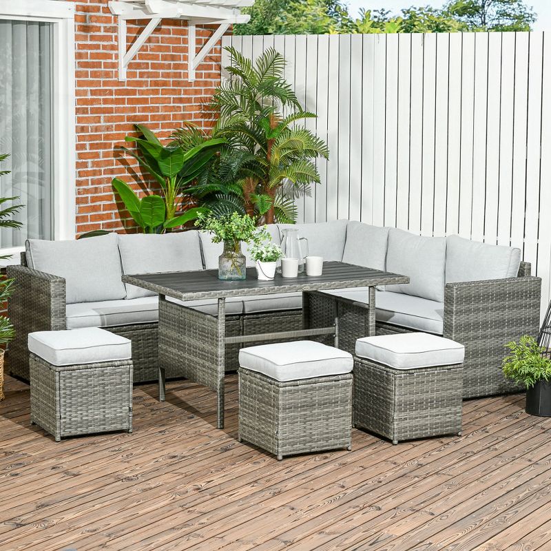 Outsunny 7 Piece Patio Furniture Set, Outdoor L-Shaped Sectional Sofa with 3 Loveseats, 3 Ottoman Chairs, Dining Table, Cushions, Storage, Mixed Gray, 3 of 7