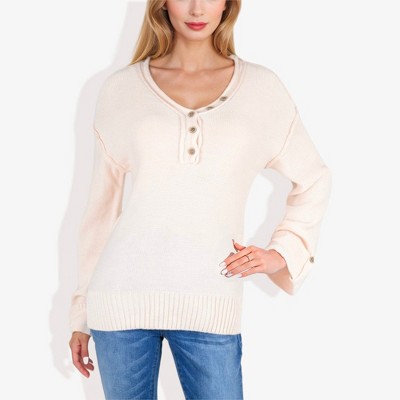 Anna-Kaci Women's Long Sleeve V-Neck Henley Knit Sweater with Button Details