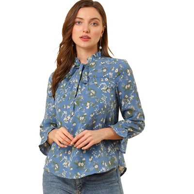 Allegra K Women's Ruffle Collar 3/4 Sleeve Tie Neck Chiffon Floral Blouse