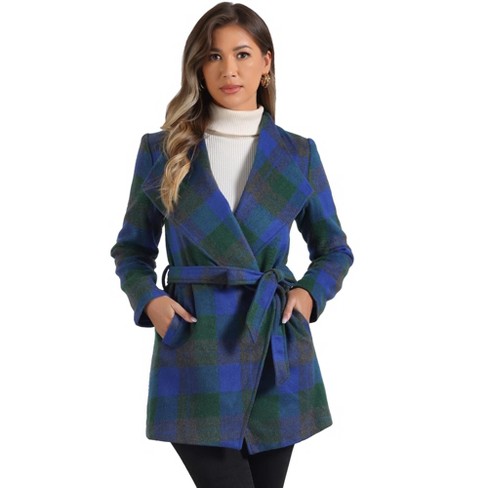 Inspire Chic Women s Shawl Collar Belted Asymmetrical Hem Plaid Coat Blue Green Medium Target