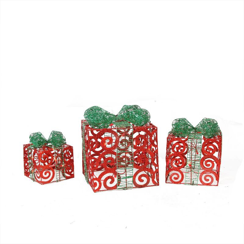 Northlight Set of 3 Lighted Red Swirl Glitter Gift Boxes Christmas Outdoor Decorations 10", 1 of 4
