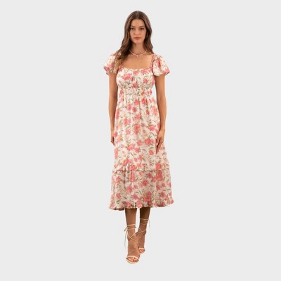 August Sky Women's Flounce Sleeve Ruffle Trim Floral Midi Dress