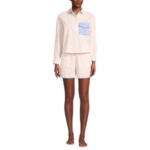 Lands' End Women's Cotton Poplin 2 Piece Pajama Set - Long Sleeve Top and Shorts with Piping - 1 of 3