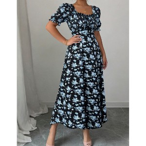 knee length dresses for ladies Ivory Floral Lace - Square Neck Puff Sleeve Maxi Dress - Vintage main image 0
