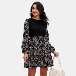 Knit & Lounge Women’s Long Sleeve Mini Dress Layered Bell Sleeves Tie Neck Self-Tie Waist Fit and Flare - 1 of 4