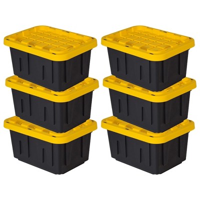 SIX Durabilt 15 Gal Plastic Storage Totes Black Yellow Boxes Lid Container Bins 