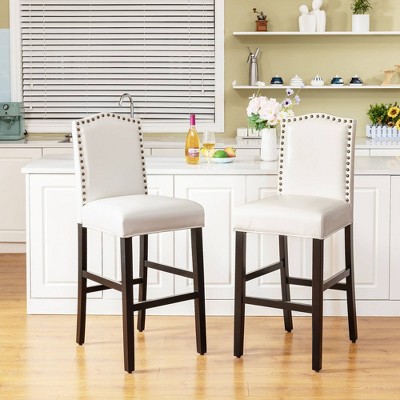 Set of 2 Cream White Leatherette Studded Barstools with Wood Legs