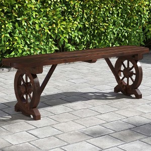 Costway Patio Rustic Wood Bench with Wagon Wheel Base Slatted Seat Design 710 LBS Max Load - 1 of 4