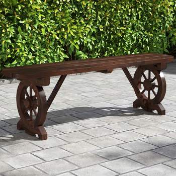 Costway Patio Rustic Wood Bench with Wagon Wheel Base Slatted Seat Design 710 LBS Max Load
