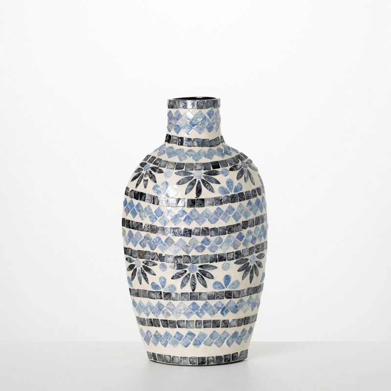Sullivans 18" Small Blue & White Capiz Vase, 1 of 4