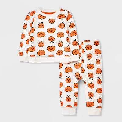 Image of Baby Halloween Pumpkin Top & Pants Set - Cat & Jack™ Off-White 0-3M