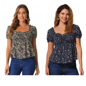 INSPIRE CHIC Women's Short Sleeve Floral Sweetheart Neck Shirred Ruffle Peasant Top 2 Packs - 1 of 4