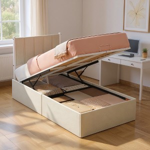 Twin Size Hydraulic Storage Bed Frame with Upholstered Headboard, 550 lb Capacity, Underbed Organizer, No Box Spring, Easy Assembly, Cappuccino Beige - 1 of 4