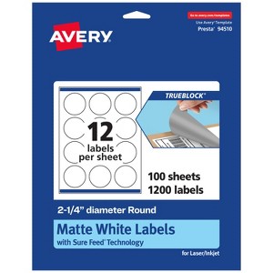 Avery TrueBlock Matte White Paper Labels,  2-1/4" diameter Round - 1 of 4