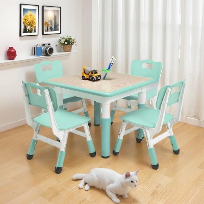 Modern Kids Table and 4 Chair Set,23.26" Height Adjustable Toddler Tables and 4 Chairs with Non-Slip Desk Legs&Organizer Graffiti Desktop