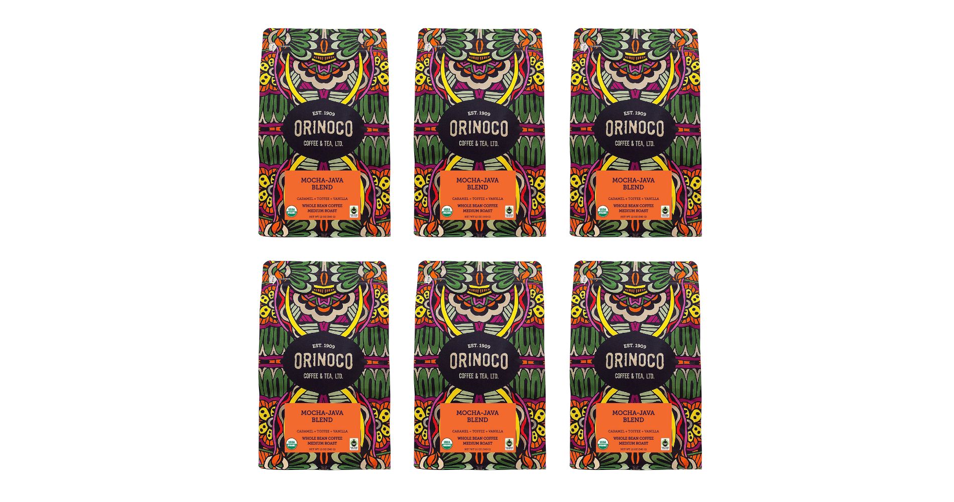 Orinoco Coffee & Tea Ltd Coffee Mocha Java Blend Whole Bean - Case of 6/12 oz Bags