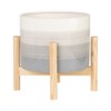 Ceramic Planter with Stand - Ceramic Pot with Pine Wood Base - Modern Decorative Plant Holder for Home & Garden; 8x8x9 inch, Ivory & Tan - 2 of 4