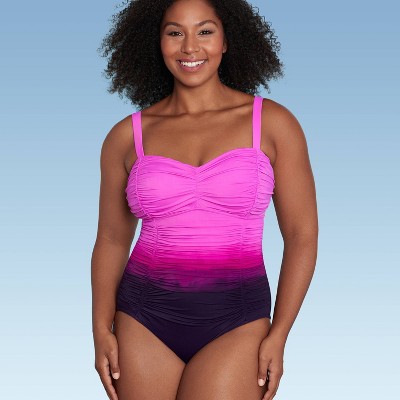 Women's UPF 50 Sweetheart Neck Seamed One Piece Swimsuit - Shape + Style™  by Aqua Green® Multi Pink 14