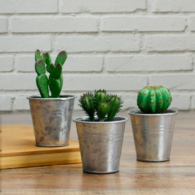 Mini Tropical Green and Red Artificial Cactus in Silver Tin Pot