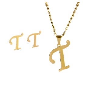 Initial Letter Pendant Necklace Earrings Set for Women Gold Plated Stainless Steel by Ginger Lyne - 1 of 4