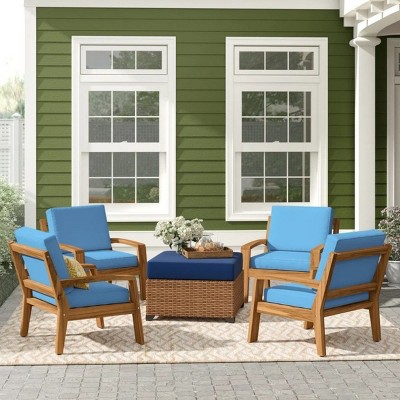 Set of 4 Outdoor Acacia Wood Patio Club Chairs with Water-Resistant Cushions, Outdoor Chair with Slat Panel Design for Garden or Deck-Coolbibila