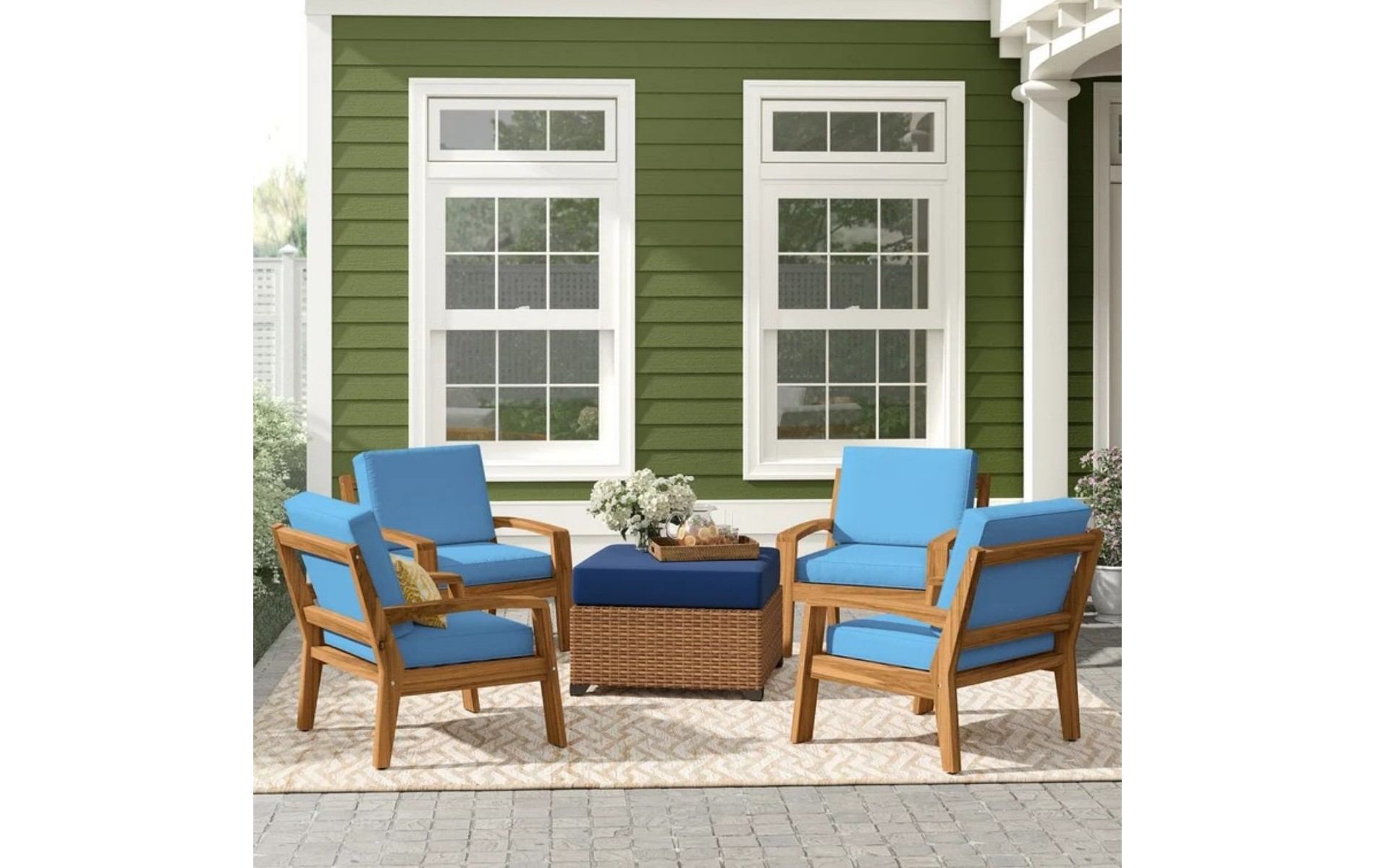 Set of 4 Outdoor Acacia Wood Patio Club Chairs with Blue Water-Resistant Cushions, Outdoor Chair with Slat Panel Design for Garden or Deck-Coolbibila