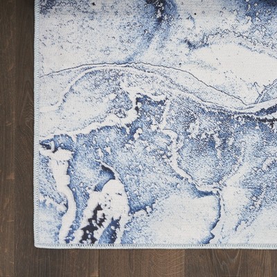 Ivory Blue Abstract Marble Washable Area Rug 5' x 7'