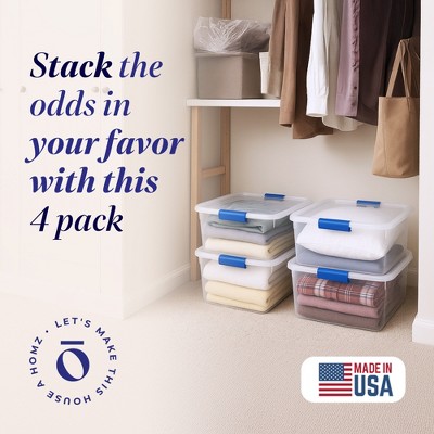 Clear Plastic Stackable Lidded Storage Boxes, 31 Quart, 4 Pack