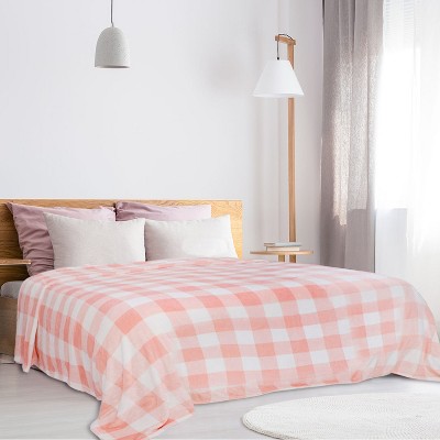 1 Pc King Microfiber Plaid Flannel Fleece Bed Blankets Pink and White - PiccoCasa
