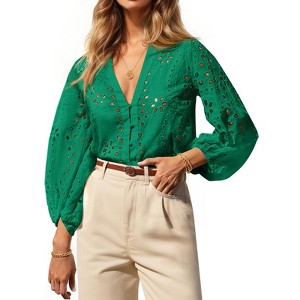 Imily Bela Women's deep V-neck hollow-out blouse, 3/4 puff sleeves, front button design, spring and autumn blouse - 1 of 4
