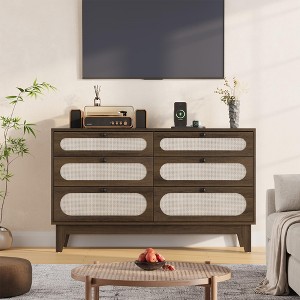 52.1" Rattan Bedroom Dresser, 6 Drawer Wood Dresser - Frame Feet, Charging Station, Large - 1 of 4