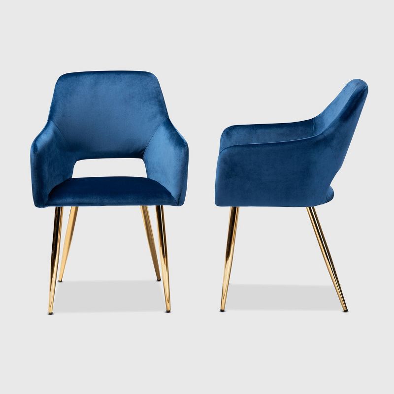 Set of 2 Germaine Velvet Upholstered Metal Dining Chairs Navy Blue/Gold - Baxton Studio: Mid-Century Modern, Arm Style, 4 of 10