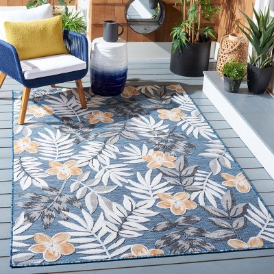Blue and Grey Floral Synthetic Indoor/Outdoor Area Rug