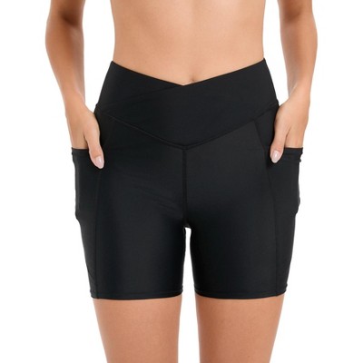 FIONECA Womens Tummy Control Swim Shorts Cross Waist Bathing Suit Bottoms Pocket Swimming Shorts with Liner Swimsuit
