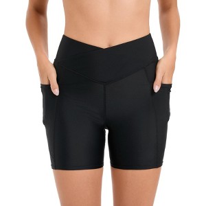 FIONECA Womens Tummy Control Swim Shorts Cross Waist Bathing Suit Bottoms Pocket Swimming Shorts with Liner Swimsuit - 1 of 4