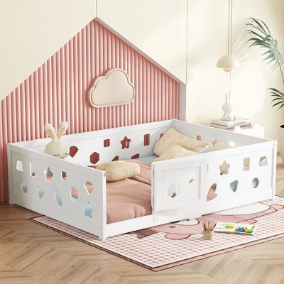 CAVINAS Twin/Full Size Kid Floor Bed with Slats,Safety Guardrails&Doors,Montessori Toddler Bed Frame,Solid Wood Floor Beds for Girls,Boys,Teens