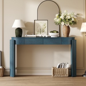 Solid Wood + MDF Entryway Console Table with Oval Top, Fluted Legs, 2 Storage Drawers and Natural Wood Grain Veneer - 1 of 4