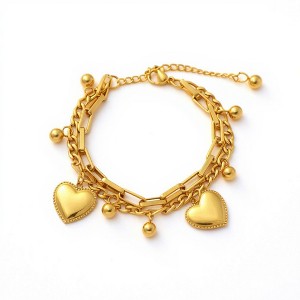 Anna-Kaci Layered Chain Bracelet with Dual Heart Charms and Dangling Bead Accents for a Playful Feminine Accessory with Modern Detail - 1 of 4