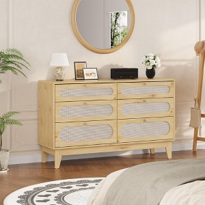 Rattan 6 Different Drawer Dresser for Bedroom,Natural Modern Closet Dresser with Wooden Handles and Wooden Legs - 1 of 4