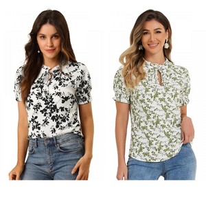 INSPIRE CHIC Women's Ruffle Tie V-Neck Casual Smocked Short Sleeve Floral Top 2 Packs - 1 of 4