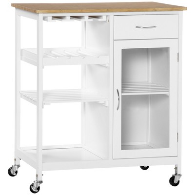 30" MDF Rolling Kitchen Island Cart with Wine Rack, Stemware Holder, Drawer and Storage Cabinet for Kitchen or Dining Room