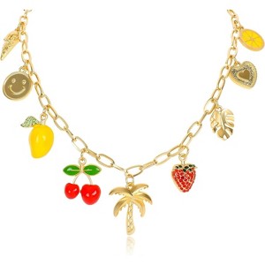 Gold Charm Necklace for Women Hawaii Style Necklace with Cute Dangle Coconut Tree Cherry Lemon Mango Strawberry Heart Fruit Bow Pendant Y2K Summer - 1 of 4