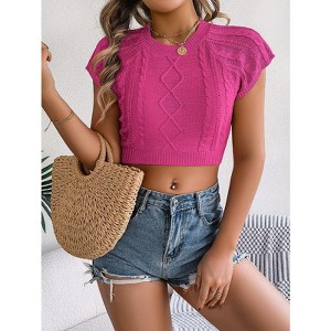 Women's Cropped Sweater Short Sleeve Crew Neck Cable Knit Pullovers Sweater Casual Crop Top - 1 of 4