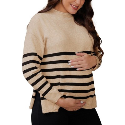 INSPIRE CHIC Women's Maternity Sweater Tops Long Sleeve Shirts Side Slit Stripe Ribbed Knit Mock Neck Pullover Pregnancy