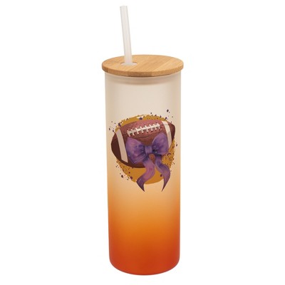 Elanze Designs 25 Ounce Frosted Glass Gradient Travel Tumbler With Straw and Wooden Lid, Football With Purple Bow Orange