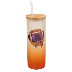 Elanze Designs 25 Ounce Frosted Glass Gradient Travel Tumbler With Straw and Wooden Lid, Football With Purple Bow Orange - 1 of 1