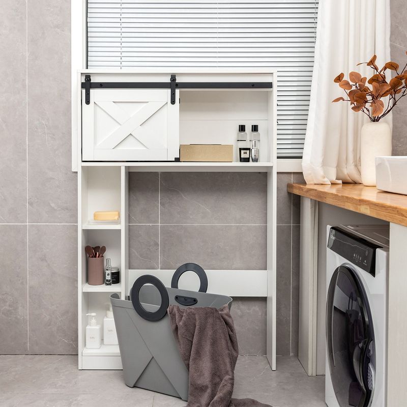Costway Over the Toilet Bathroom Storage Cabinet with Sliding Barn Door & Shelves White, 4 of 11