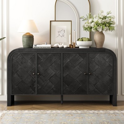 Multi-Functional MDF Sideboard-Handwoven Wood Slat Doors, Tiered Stepped Design & Premium Solid Wood Veneer for Hallways, Living Rooms, Studies