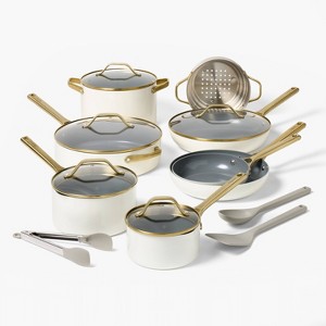 16pc Nonstick Ceramic Coated Aluminum Cookware Set with Champagne Handle Cream - Figmint™ - 1 of 4